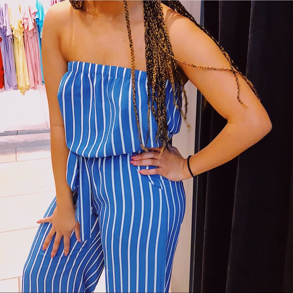 Blue and white striped romper
